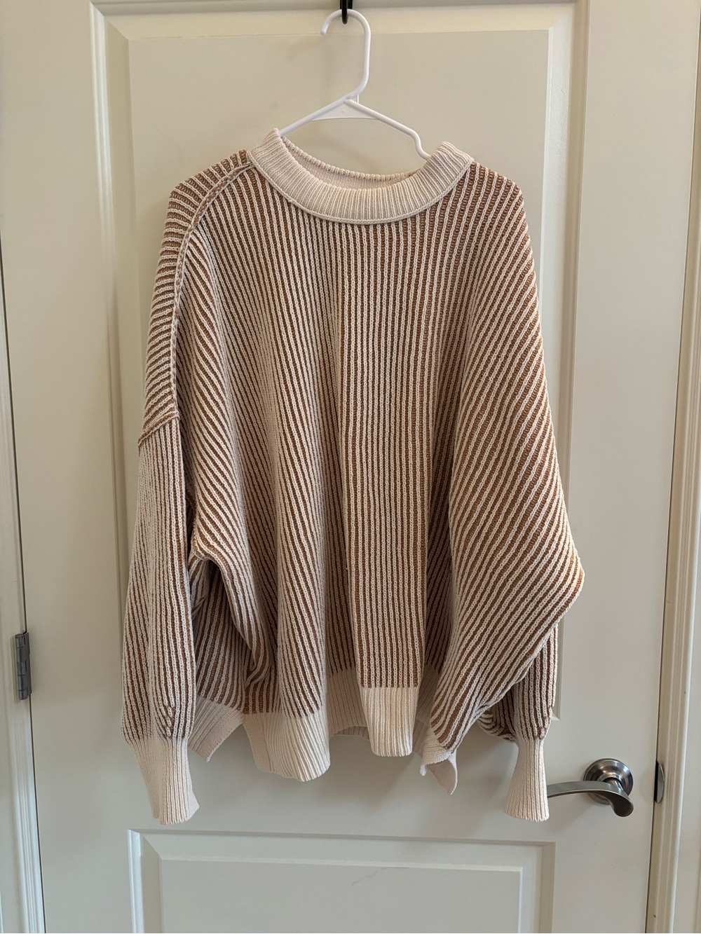 aerie Cream and Beige Striped Ribbed Crewneck Sweater